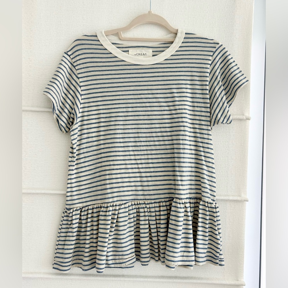 The GREAT. Cream & Light Blue Stripped Tee
